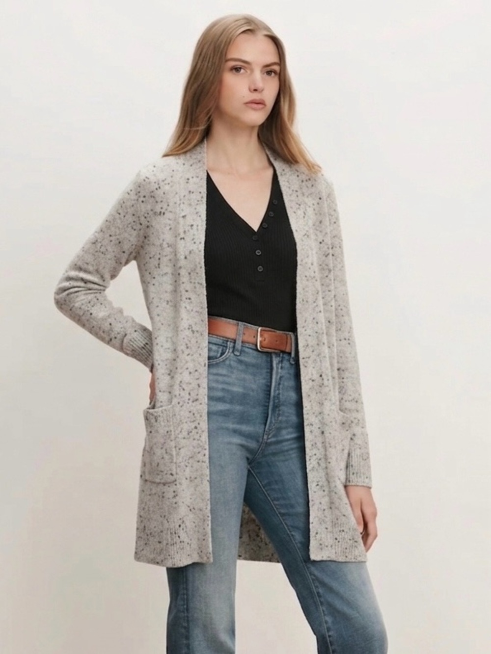 Theory $350 Cream Donegal 100% Cashmere Open Front Cardigan Sweater Sz XS/Small